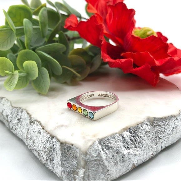 Alex And Ani Sterling Silver Rainbow Crystal Signet Bar Flat Top Rhinestone Ring - Picture 9 of 17